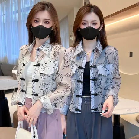 中式复古盘扣衬衫女夏季薄款设计感小众百搭宽松休闲印花长袖上衣商品大图