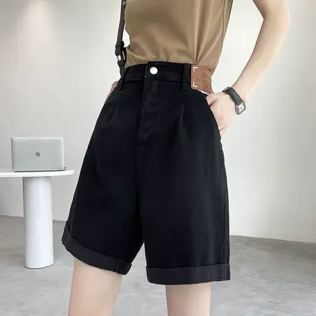 黑色五分牛仔短裤女夏季薄款辣妹高腰显瘦小个子a字直筒阔腿中裤商品大图