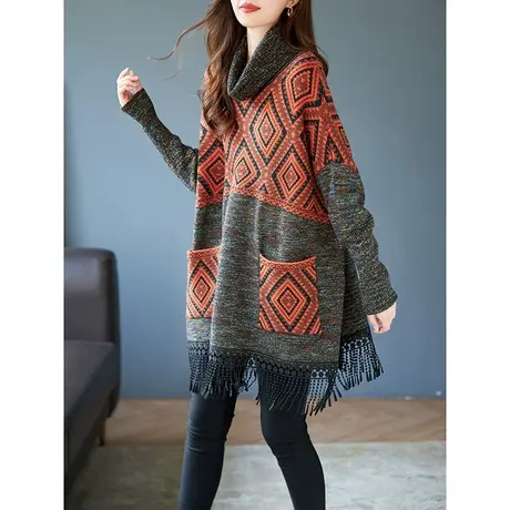 宝诗黎高领蝙蝠长袖宽松流苏针织衫女复古套头毛衣2025年秋季新款商品大图