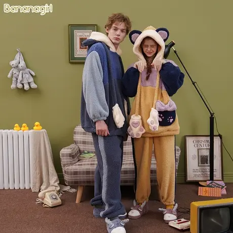 Bananagirl睡衣女秋冬珊瑚绒 法兰绒 加厚保暖情侣睡衣家居服男冬商品大图