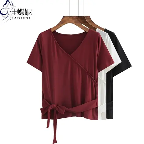 夏季纯棉V领宽松休闲短袖韩版体恤打底衫新款内搭上衣女装T恤商品大图
