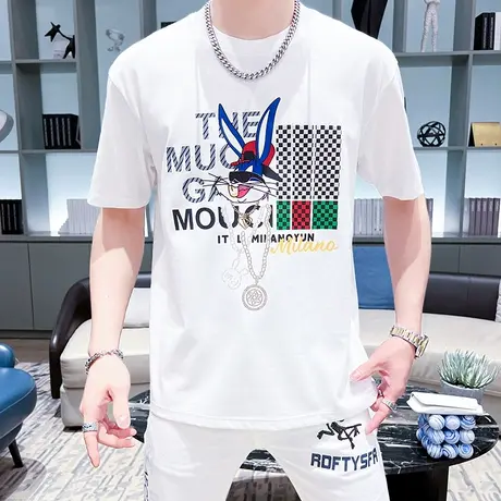 夏季印花纯棉T恤男ins潮牌短袖兔年男装上衣痞帅半袖潮流个性体恤商品大图