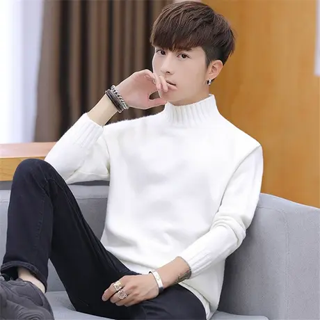 男士冬装薄款半高领毛衣潮流白色针织衫春秋个性新款毛线衣打底杉商品大图