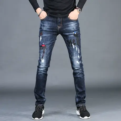 男士刺绣牛仔裤男款秋冬潮牌修身小脚休闲裤子男高端百搭2023新款图片