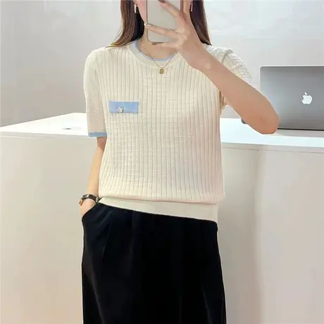 2023夏季新款女士针织衫上衣打底衫短袖套头冰丝针织薄款圆领冰麻商品大图