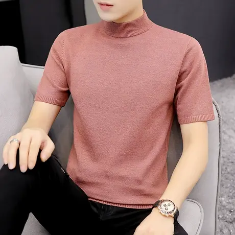 男士短袖T恤半高领春夏季白色修身半袖毛衣打底针织衫个性百搭潮商品大图