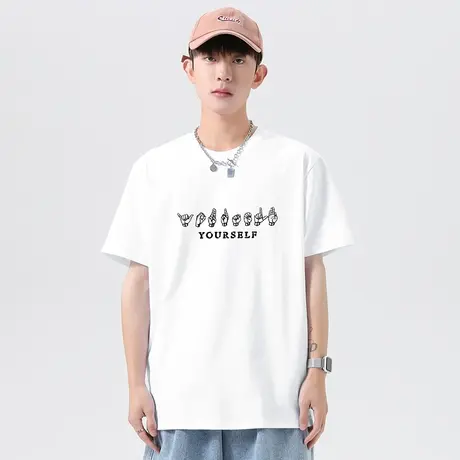 美式重磅白色t恤男短袖纯棉圆领上衣服宽松潮流印花体恤全棉半袖商品大图