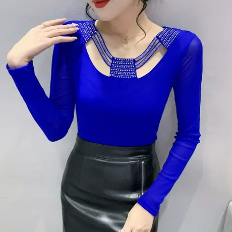 重工烫钻网纱打底衫女春秋2023新款性感镂空上衣百搭显瘦长袖T恤商品大图