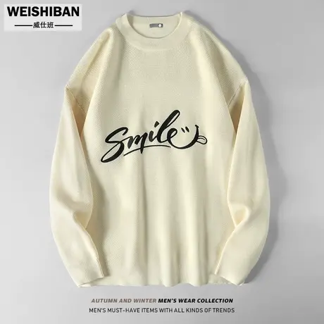 美式休闲套头刺绣字母宽松毛衣男2023秋冬季新款微宽松内搭毛线衣商品大图