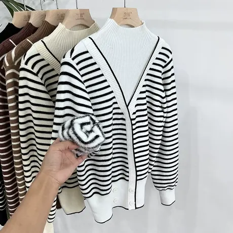 韩版条纹水貂绒长袖针织衫女2023秋冬新品加绒加厚洋气毛衣打底衫图片