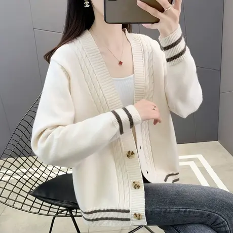 宽松显瘦V领短款针织外套女士时尚袖口条纹开衫春秋新款麻花上衣商品大图