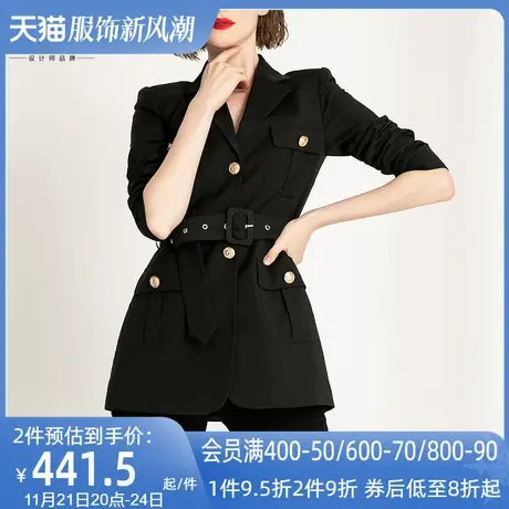 AUI黑色职业气质短款修身西装外套女2023秋冬新款欧美风垫肩西服商品大图