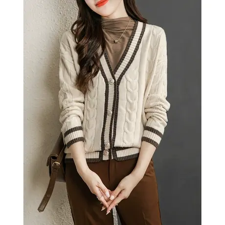 V领针织开衫女装外搭春秋2023新款拼色短款毛衣外套百搭长袖上衣商品大图
