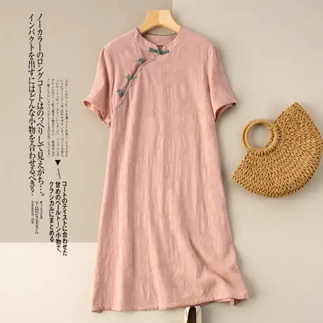 短袖斜襟盘扣棉麻连衣裙女宽松2024春夏新款文艺复古刺绣改良旗袍图片