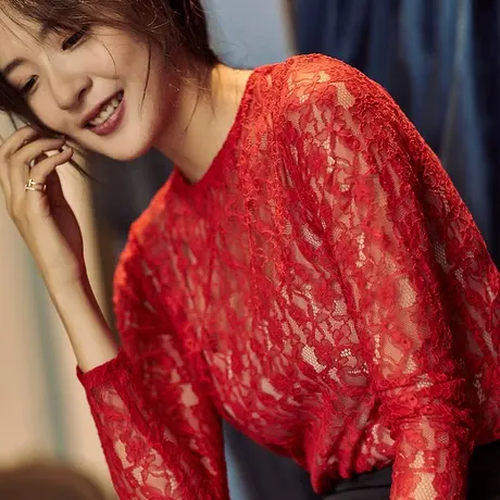 蕾丝打底衫秋装女2023年新款镂空勾花修身百搭蕾丝衫长袖蕾丝上衣商品大图