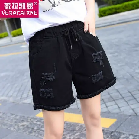 少女牛仔短裤子夏女胖MM松紧腰直筒裤宽松破洞大码热裤薄款200斤图片