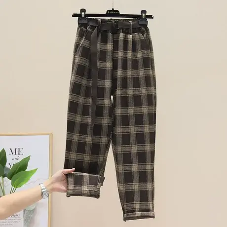 宽松高腰显瘦百搭毛呢格子哈伦裤女秋阔腿垂感直筒休闲老爹萝卜裤商品大图
