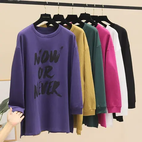 欧货大版字母印花t恤慵懒开叉下身失踪中长款上衣薄款长袖卫衣女图片
