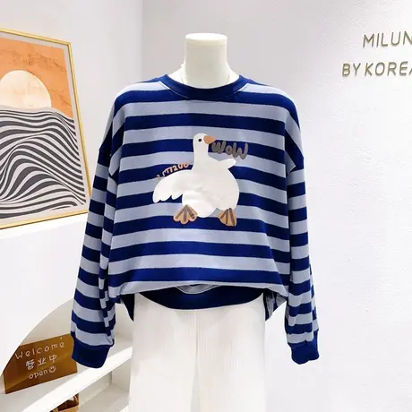 微胖显瘦穿搭~秋冬款ins可爱大白鹅条纹宽松卫衣日系甜美上衣外套商品大图