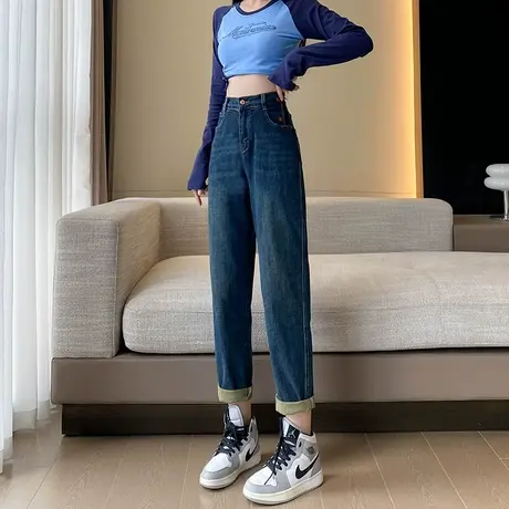 哈伦牛仔裤女春秋新款高腰宽松老爹裤显瘦弹力小个子松紧腰直筒裤图片