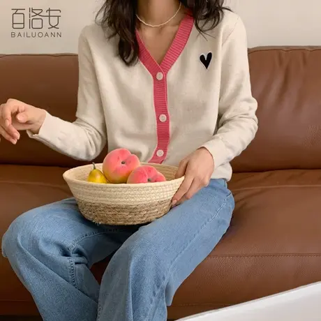 百洛安撞色V领针织衫开衫女2024春新款时尚宽松百搭外套桃心上衣商品大图