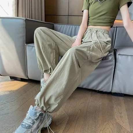 美式冰丝速干工装裤女2024年夏季薄款高腰透气束脚阔腿运动休闲裤商品大图