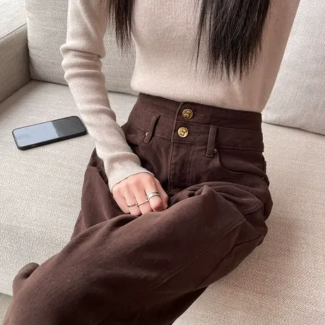 咖色老爹牛仔裤女秋冬季加薄绒高腰直筒宽松显瘦复古哈伦萝卜裤潮商品大图
