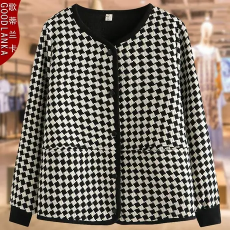 加肥加大码中年妈妈秋装夹克女洋气宽松显瘦时尚千鸟格开衫小外套商品大图