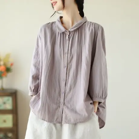 夏季文艺复古双层纱七分袖衬衫女文艺手工刺绣翻领衬衣薄气质上衣商品大图