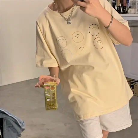 原创~开心与不开心表情2023新款韩版宽松慵懒风纯棉半袖短袖T恤女图片