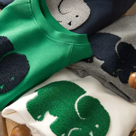 卫衣女春秋薄款2022新款可爱小象珠片毛巾绣宽松圆领套头长袖上衣商品大图