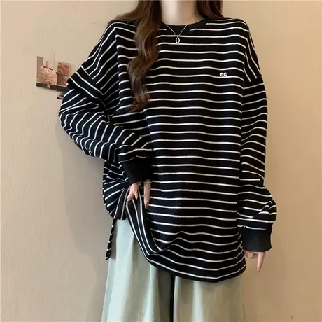 德绒保暖条纹打底衫女秋冬内搭长袖T恤宽松加绒加厚中长款上衣服商品大图