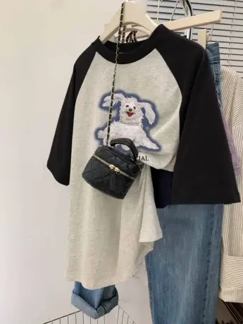 卡通半袖t恤女hiphop高街大码宽松插肩短袖ins显瘦遮肚子减龄上衣商品大图