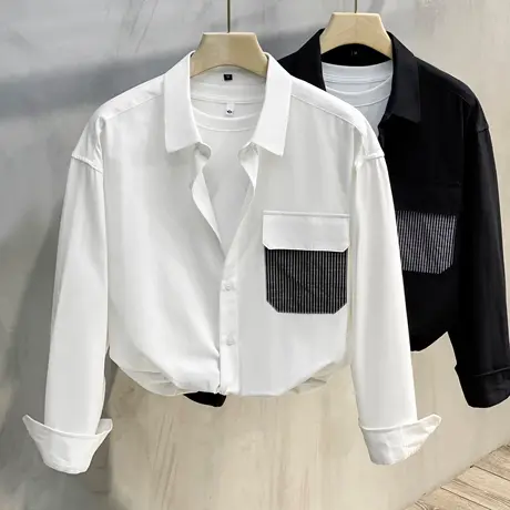 拼接衬衫男长袖宽松纯棉日系春秋季男装上衣外套男士衬衣2023新款商品大图