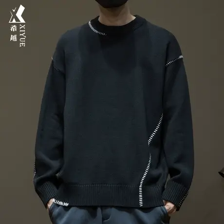 希越男士套头毛衣秋冬小撞色拼接打底针织衫宽松大码软糯休闲上衣商品大图