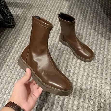 复古显瘦马丁靴女2024新款春秋单靴软皮弹力瘦瘦靴英伦风平底短靴图片