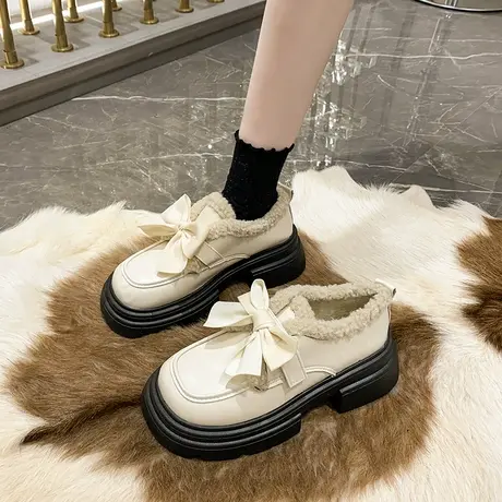 英伦风厚底小皮鞋女2023秋冬新款加绒保暖乐福鞋百搭羊羔毛毛棉鞋商品大图