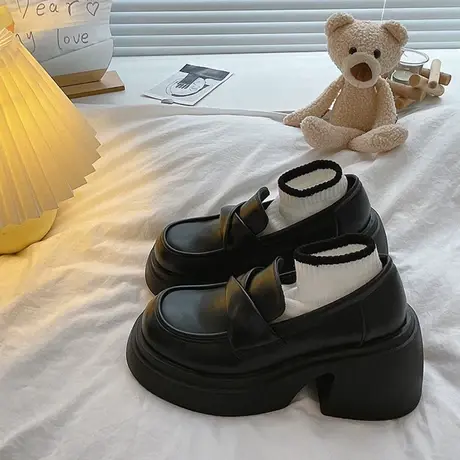 黑色厚底小皮鞋女2023年新款秋季英伦风乐福鞋秋款高跟玛丽珍单鞋商品大图