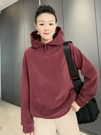 纯色拼接套头德绒连帽卫衣女帽衫秋冬新款显瘦时尚百搭打底上衣潮商品大图