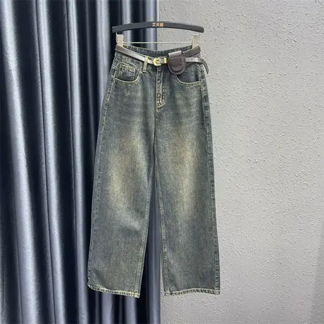 欧货复古宽松个性牛仔长裤女2024春季新款休闲高腰显瘦直筒阔腿裤图片