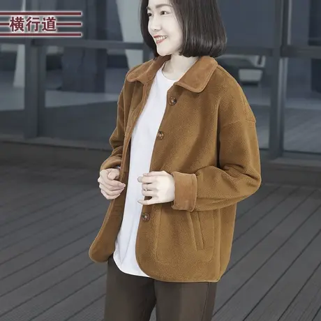 2024春季新款纯色翻领加绒宽松长袖排扣保暖外套女装上衣大码妈妈商品大图