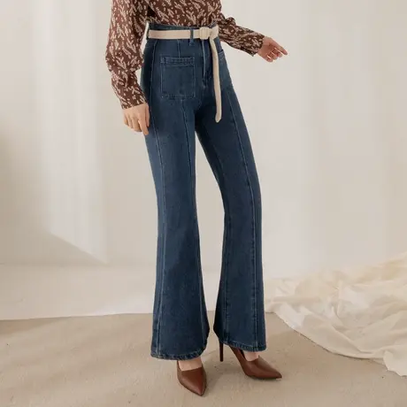 桔熊秋冬季复古水洗牛仔长裤子女立体剪裁高腰微喇叭裤大码BA7392商品大图