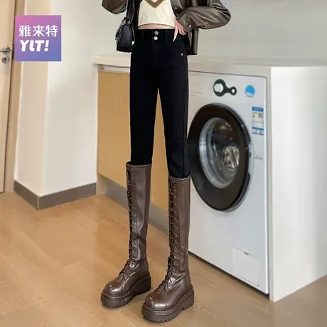 2023年秋冬新款超高腰黑色牛仔裤女修身显瘦小脚紧身加绒铅笔裤子商品大图