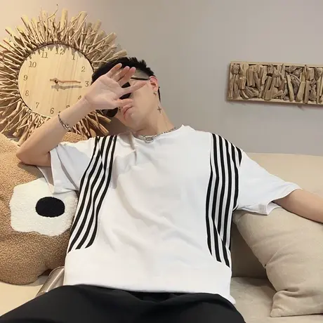 条纹短袖男夏季潮牌痞帅半袖T恤男装2023新款夏装宽松半截袖体恤商品大图