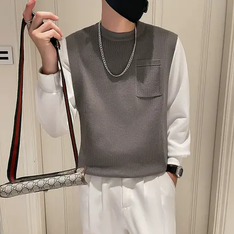 重磅假两件潮男针织毛衣秋季高级感痞帅宽松休闲卫衣男装长袖t恤商品大图