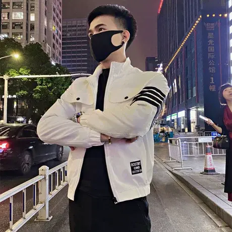 秋季男夹克外套工装修身立领四条杠条纹潮流时尚潮牌网红休闲上衣商品大图