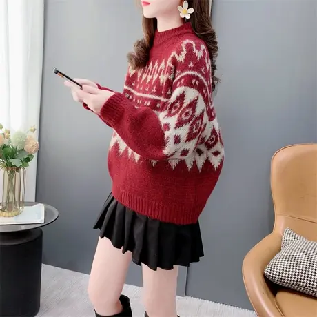 圣诞新年红色复古菱形圆领毛衣女秋冬新款宽松加厚软糯显瘦针织衫商品大图