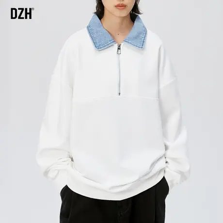 青少年白色半拉链卫衣男重磅美式高街外套潮牌衣服男款长袖polo衫图片