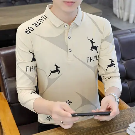 春秋季潮流韩版衬衫领男士长袖polo衫新款有带领T恤男装翻领衣服商品大图