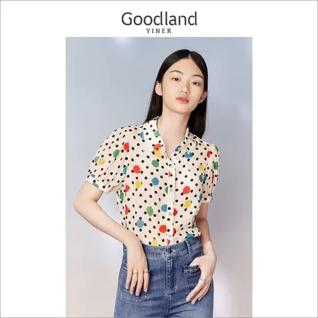 【真丝系列】Goodland美地女装2023夏季桑蚕丝衬衫波点POLO领商品大图